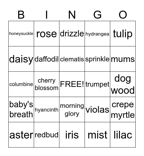 Flowers and Showers Crop Bingo Card