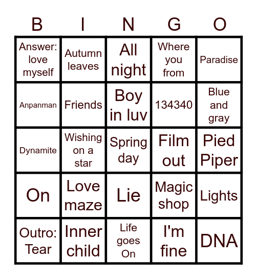 @kookieuporia Bingo Card