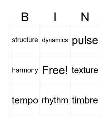 Elements of Music BINGO Card