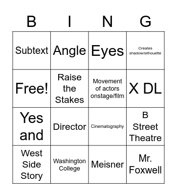 U1: Film Acting Bingo Card
