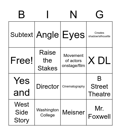 U1: Film Acting Bingo Card