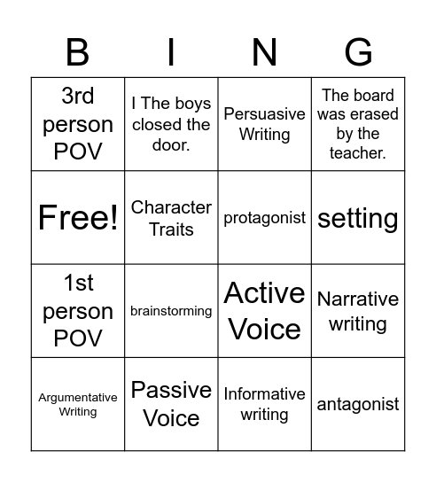 Writing/Story Elements Bingo Card