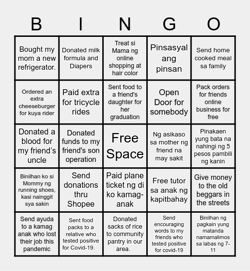 Acts of Kindness Bingo Card