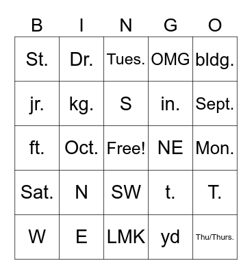 Abbreviation Bingo Card