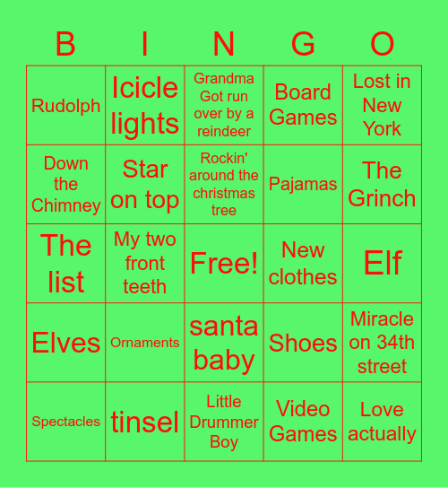 Children's Holiday Words Bingo Card
