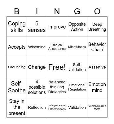 DBT skills Bingo Card