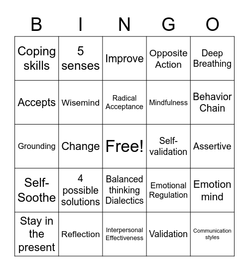 DBT skills Bingo Card