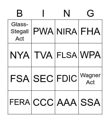 New Deal Alphabet Soup Bingo Card