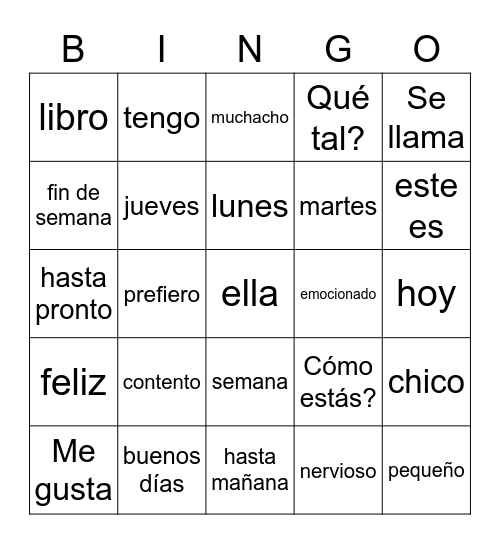 Vocab primeros dias de clase Bingo Card