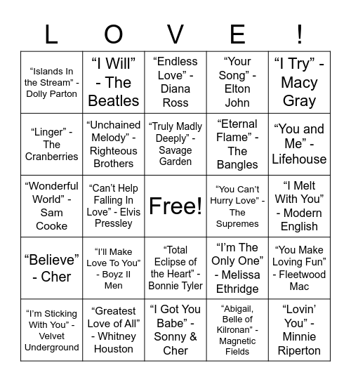 Love Songs Bingo Card