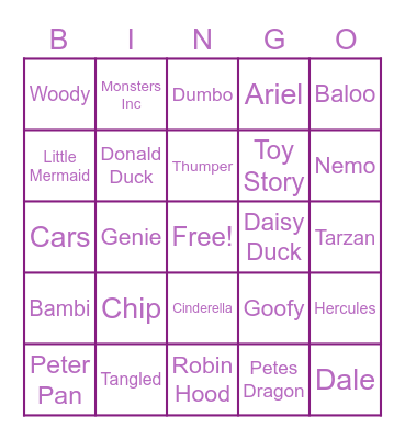 Disney Word Bingo Card