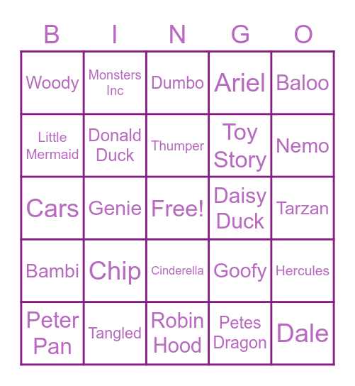 Disney Word Bingo Card