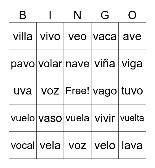 Silabas con Vv Bingo Card