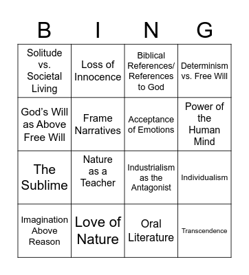 Romanticism Bingo Card