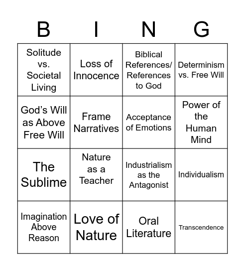 Romanticism Bingo Card