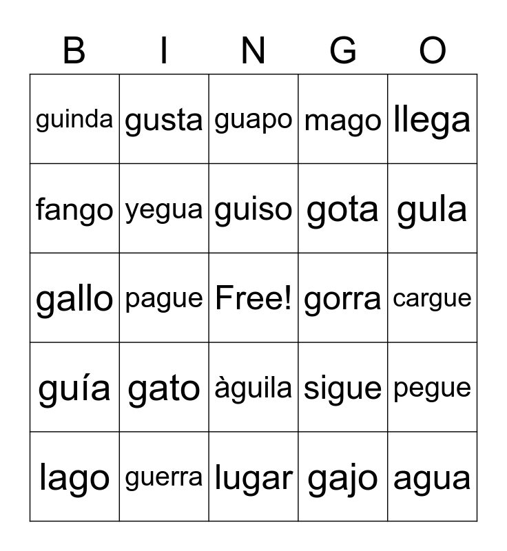 Silabas con Gg Bingo Card