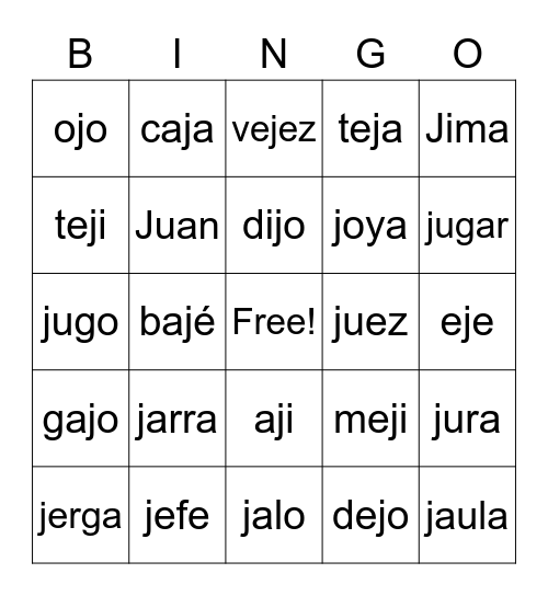 Silabas con Jj Bingo Card