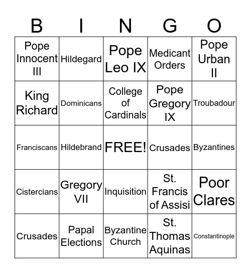 Crusaders Bingo Card