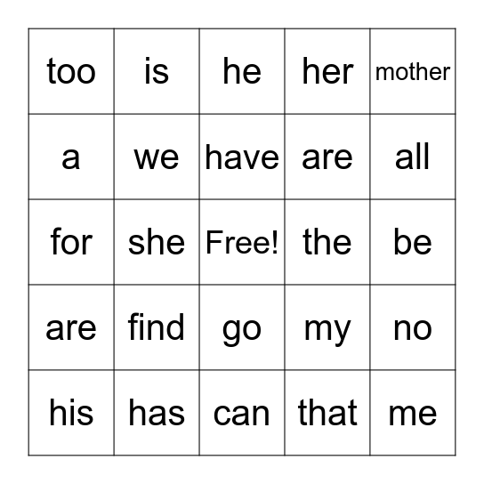 Sight Word Bingo Card