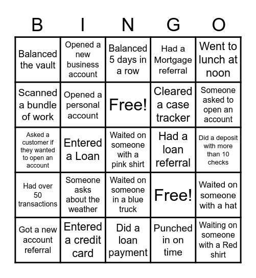 Bank Bingo Card