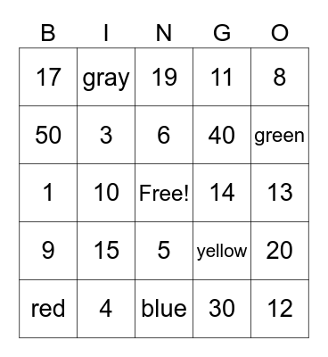 Numeros y Colores Bingo Card