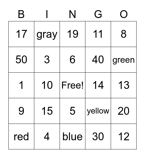 Numeros y Colores Bingo Card