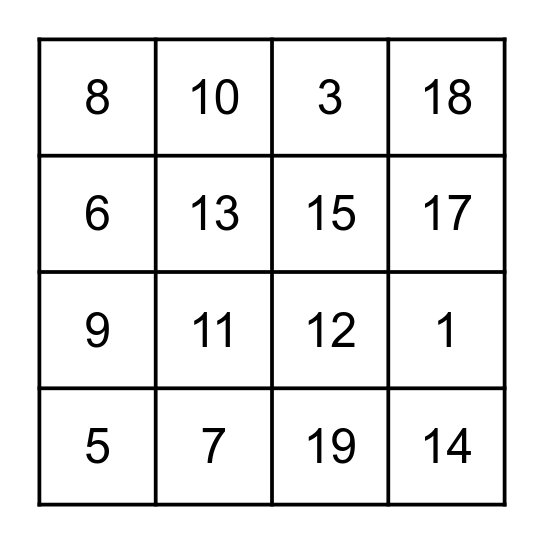 Addition 1-20 Bingo Card