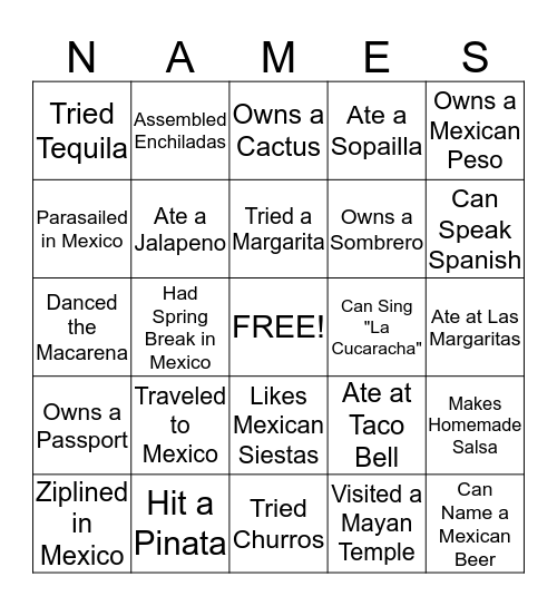 Mexican Fiesta Brunch Bingo Card