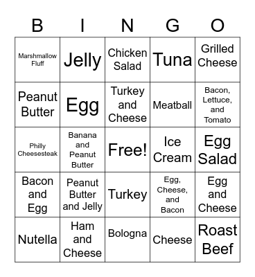 Sandwiches Bingo Card