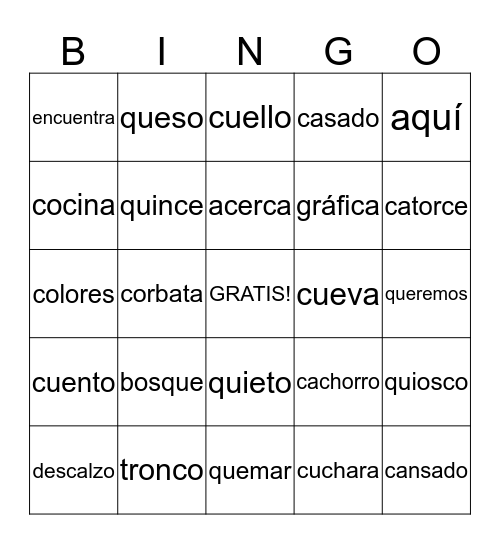 Sílabas ca, que, qui, co, cu -  Bingo Card