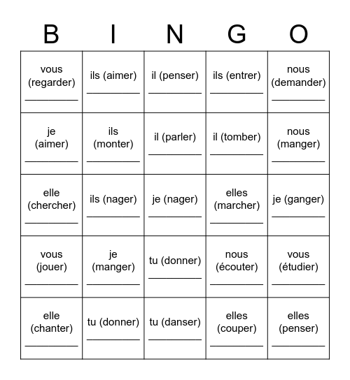 Les verbes au 1e groupe au présent Bingo Card