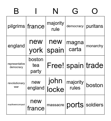 Colonial America Bingo Card