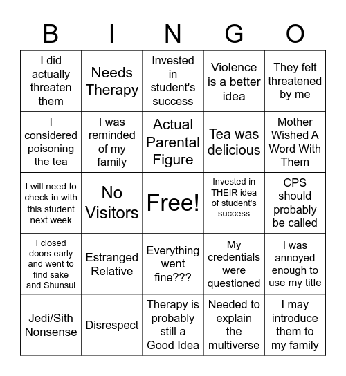 2021 Parent Weekend BINGO Card