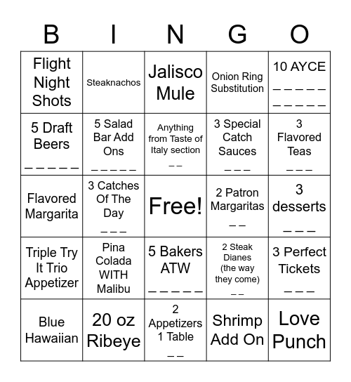 Friday Night - FREE MEAL :) Bingo Card