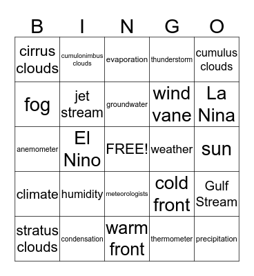 Weather Bingo Card