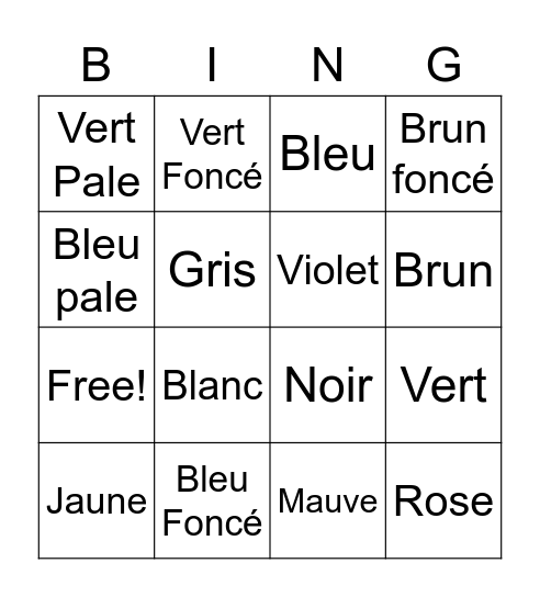 Bingo de couleur Bingo Card