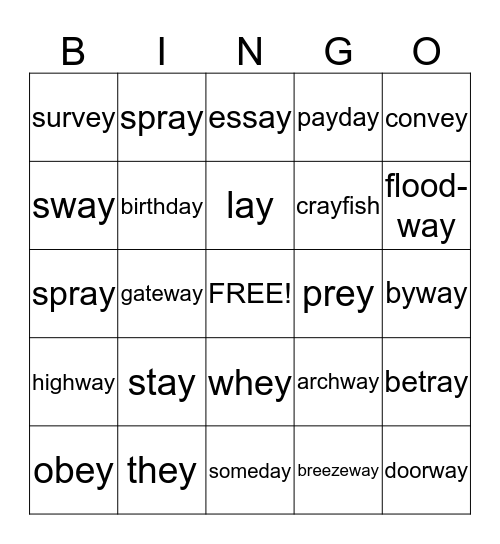 Long A - ay, ey Words Bingo Card