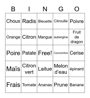 Bingo de fruit eat légume Bingo Card