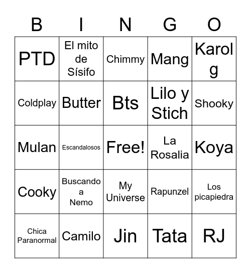Películas,BT21,canciones,artistas,dibujos animados Bingo Card