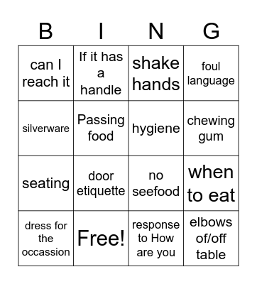 MANNERS Bingo Card