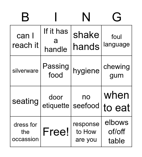 MANNERS Bingo Card