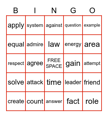 Vocabulary Words BINGO! Bingo Card