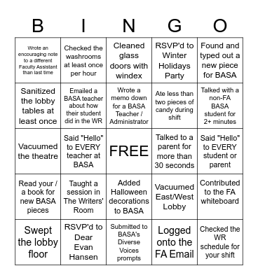 Faculty Assistant Bingo Card