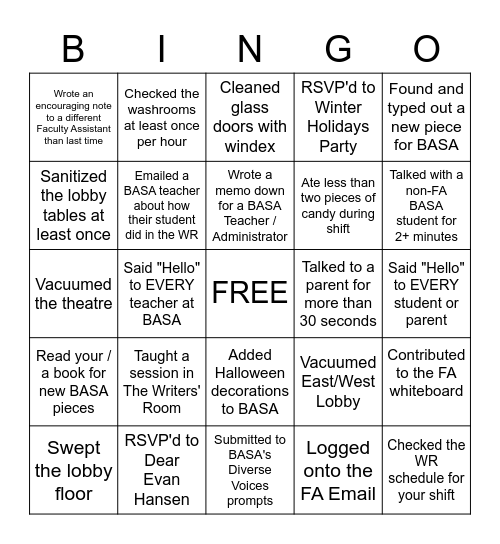 Faculty Assistant Bingo Card