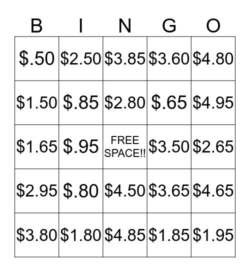 Counting Back Change  Bingo Card