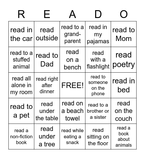 READING LOG BINGO!  Directions: Each box is 15 minutes of reading.  Get 5 in a row.  Take photos to enter a drawing for a prize.  Turn this log in next Monday with your parent's signature. Bingo Card