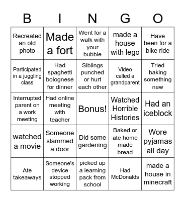 Level 3 lockdown Bingo Card