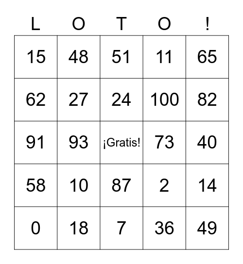 spanish numbers 0-100 Bingo Card