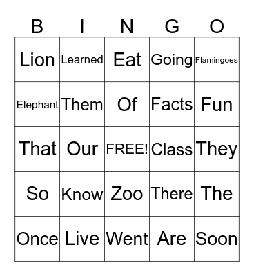 My Trip to the Zoo Bingo Card
