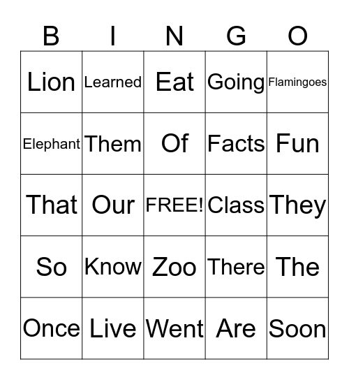My Trip to the Zoo Bingo Card